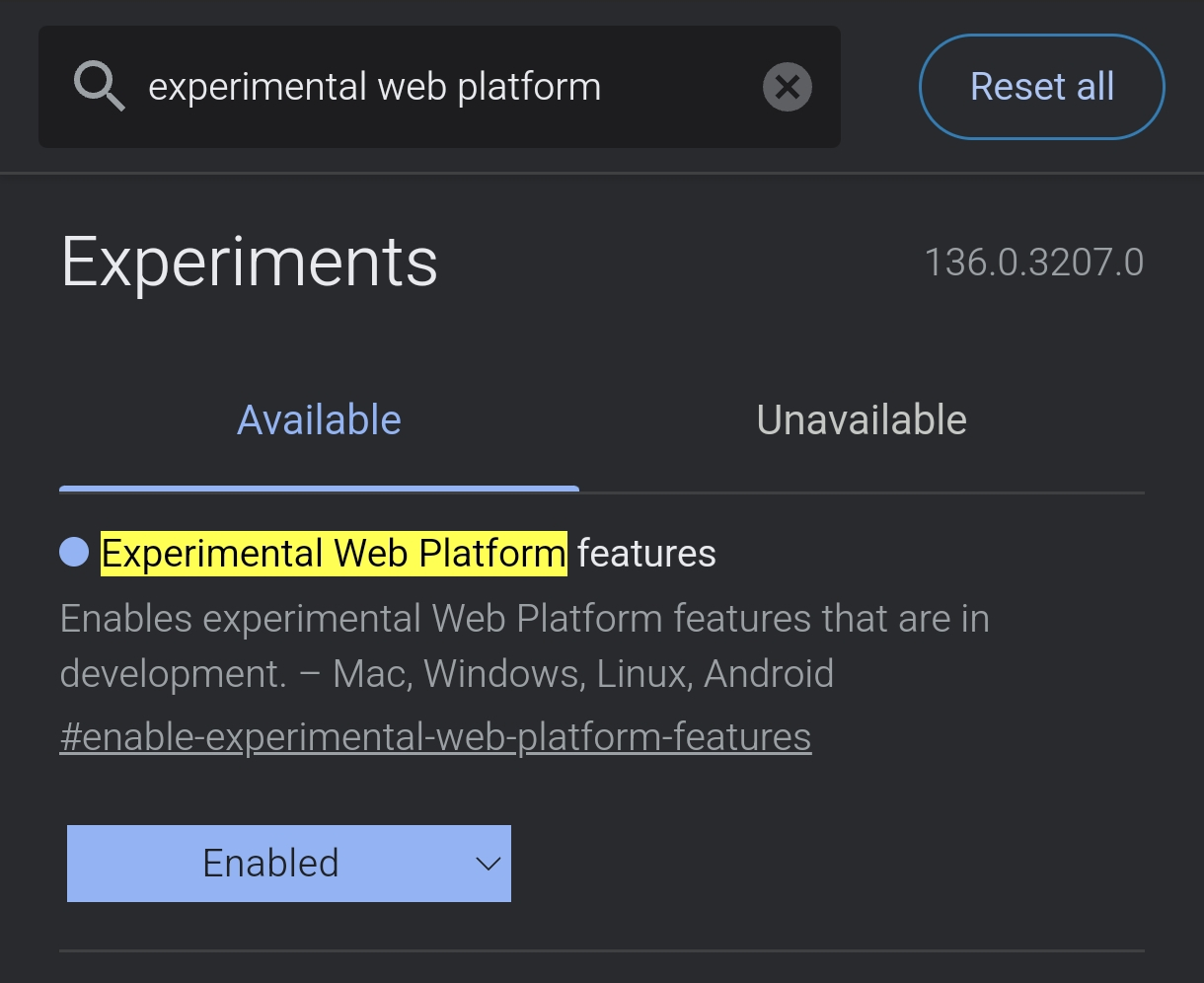 Enable Experimental Web Platform Android